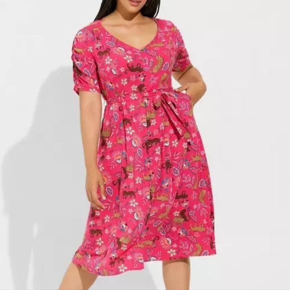 Torrid Pink Midi Button Front Dress 2X Floral Jungle Print Tie Waist - Picture 1 of 15
